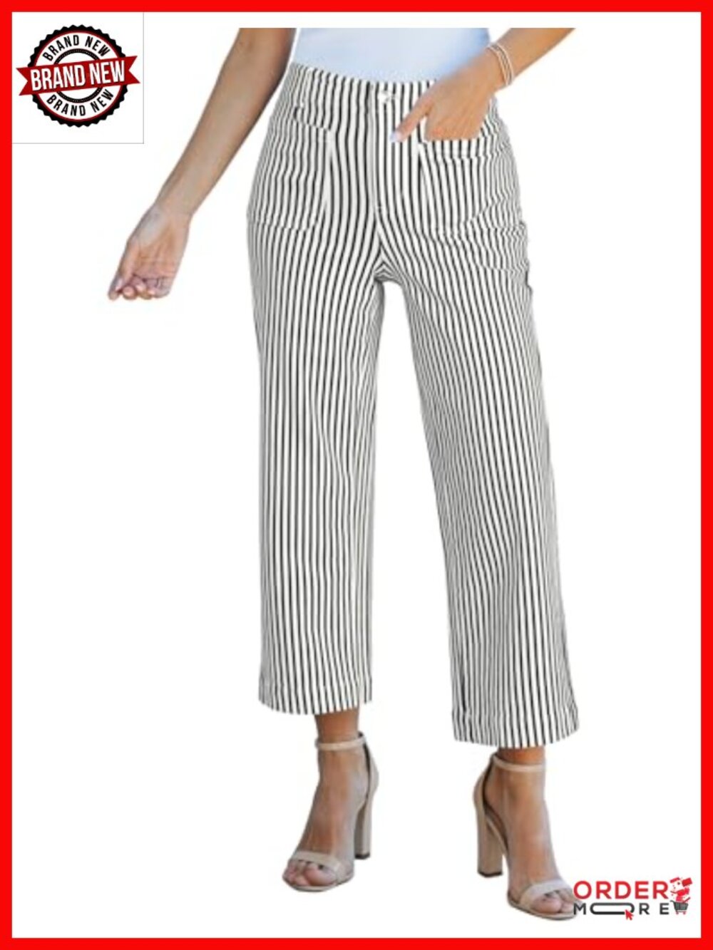 Striped Wide Leg High Waisted Cropped Jeans Stretch Denim Pinstripe